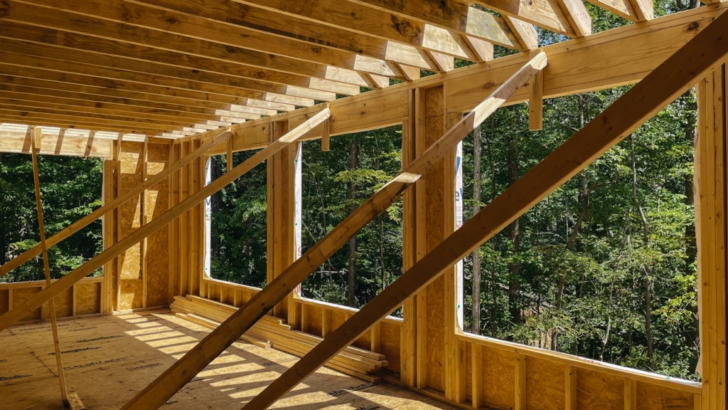 wooden building frame with forest view
