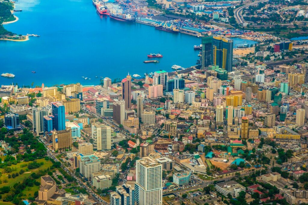 aerial view of city buildings in Tanzania during daytime